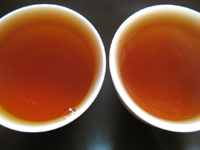 左： 真淳雅號圓茶96年プーアル茶　右： 92紅帯青餅プーアル茶